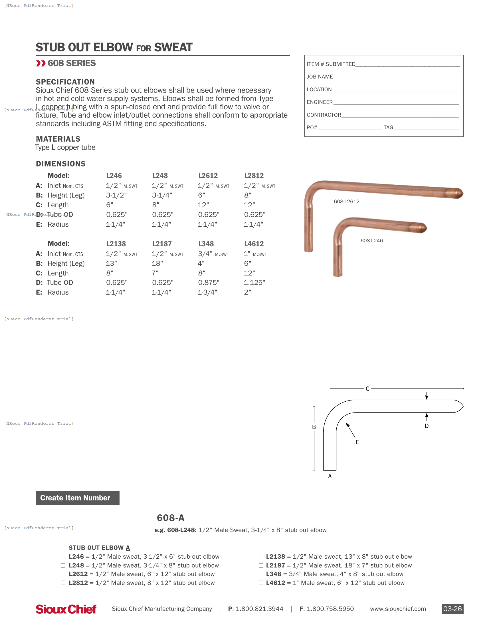 608 SERIES - STUB OUT ELBOWS - SPEC SHEET.PDF Specification Document